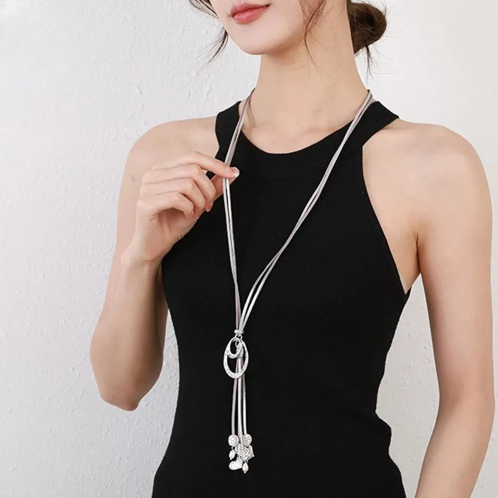 Fashion Geometric Necklace for Women with Suspension Pendant Trendy Silver Color Long Collar Chain