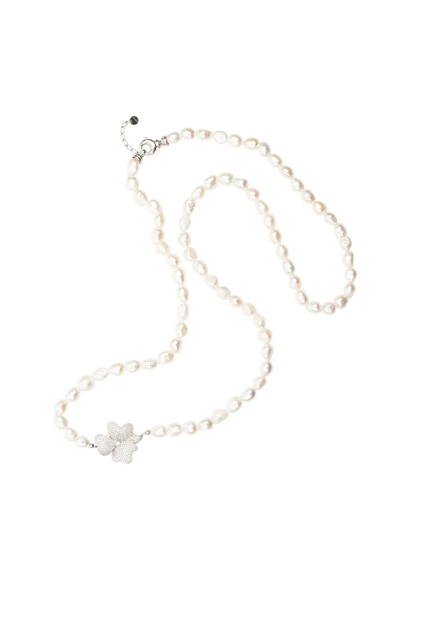 Flower Pearl Gemstone Long Necklace White Cz Silver