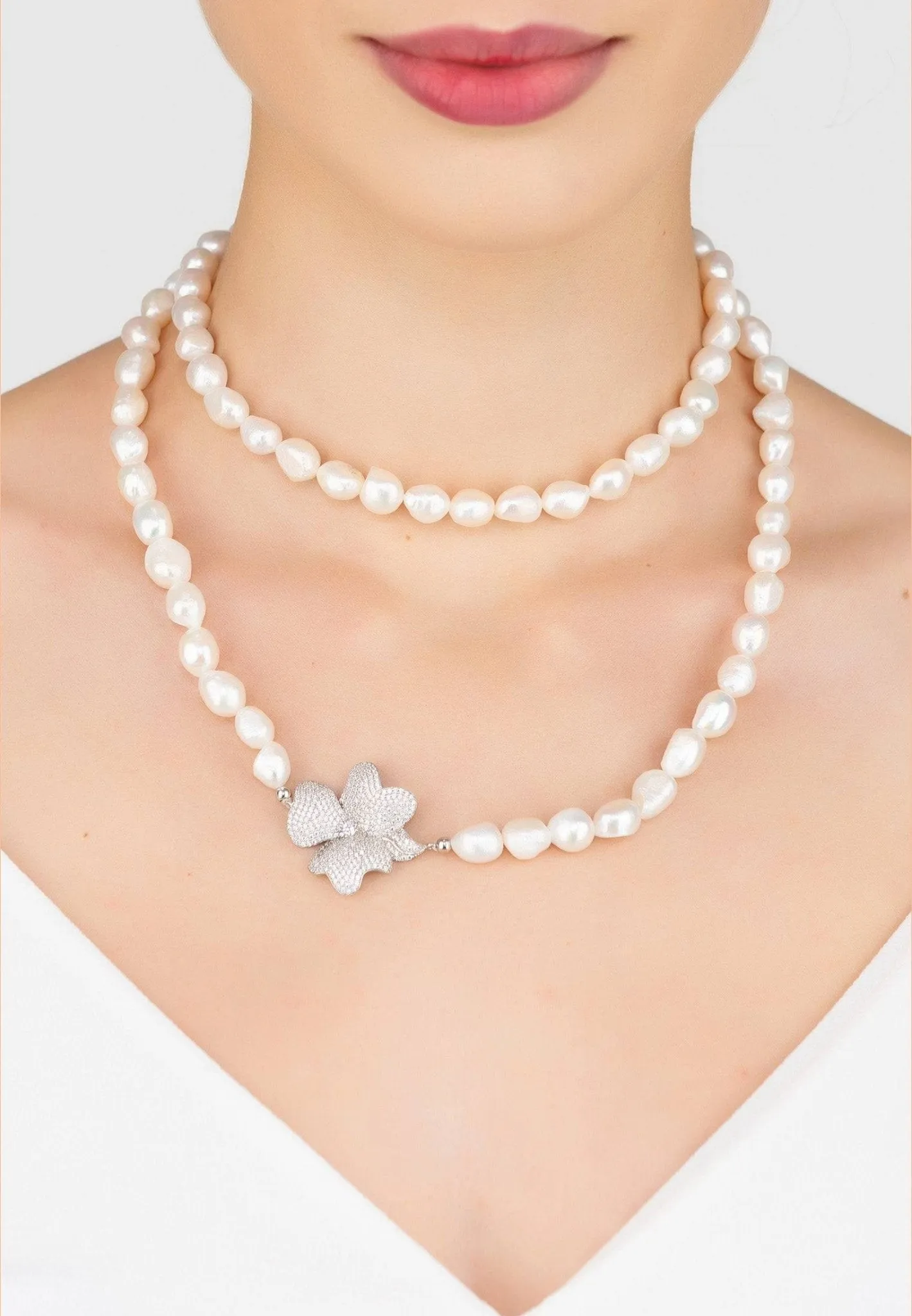 Flower Pearl Gemstone Long Necklace White Cz Silver