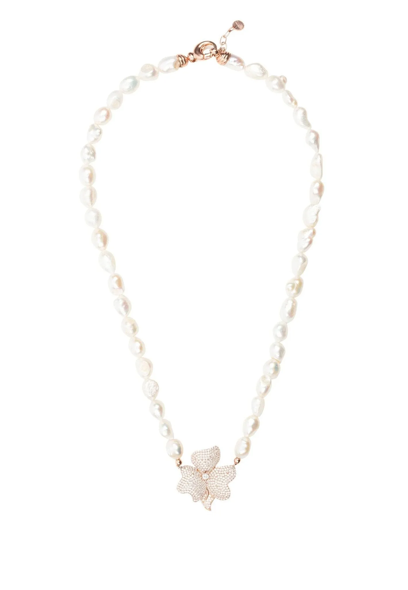 Flower Pearl Mid Length Necklace White Cz Rosegold