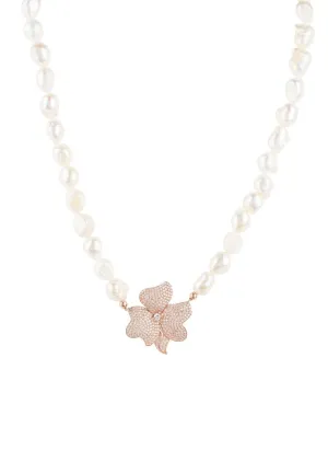 Flower Pearl Mid Length Necklace White Cz Rosegold