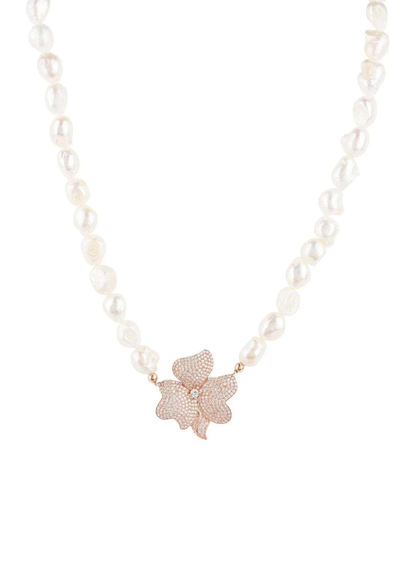 Flower Pearl Mid Length Necklace White Cz Rosegold