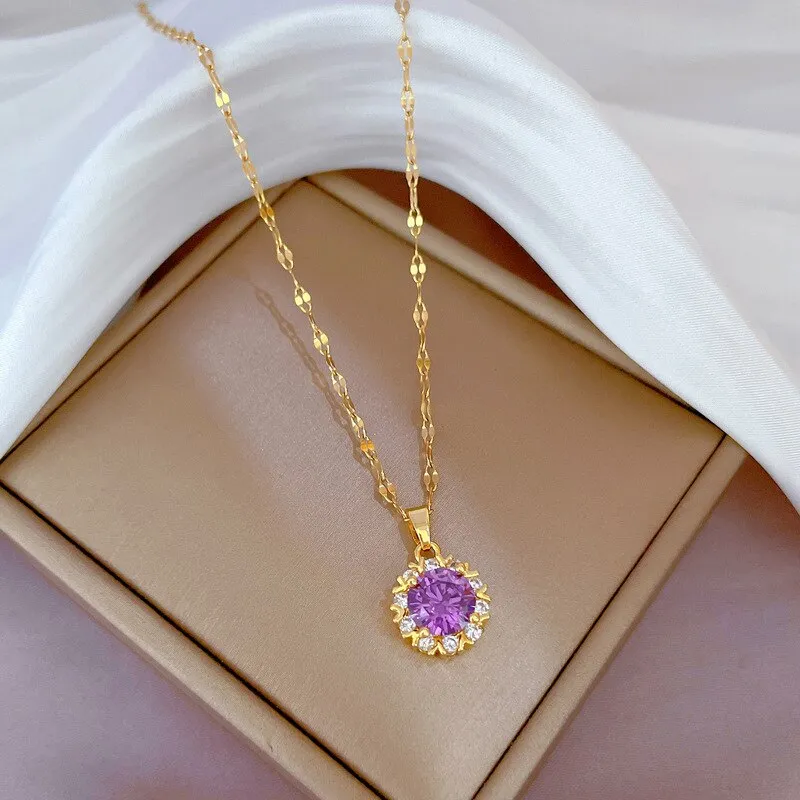 French Romantic Purple Dainty Women Cubic Zirconia Necklace