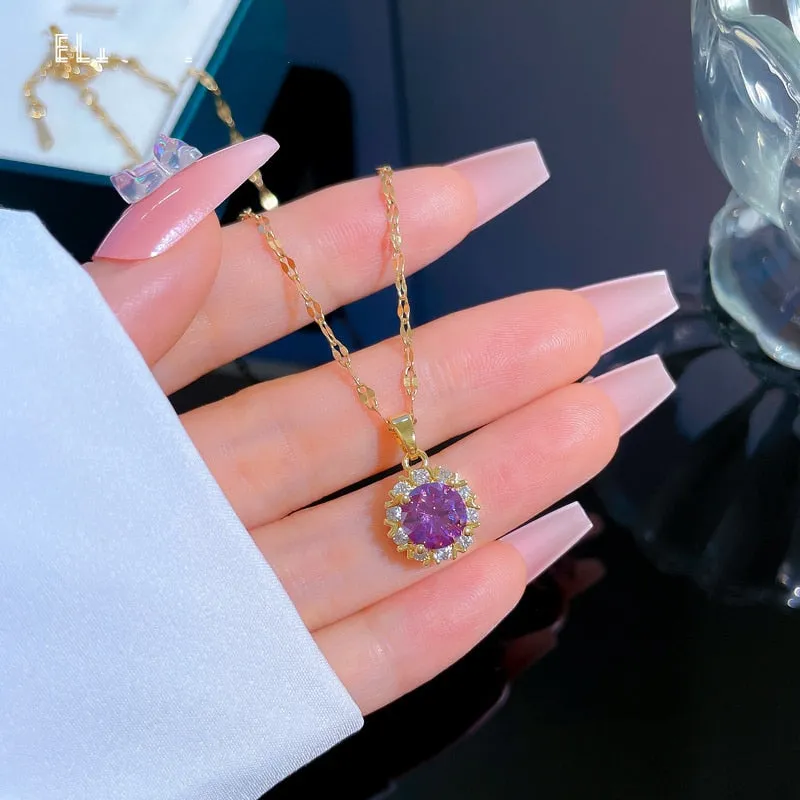 French Romantic Purple Dainty Women Cubic Zirconia Necklace
