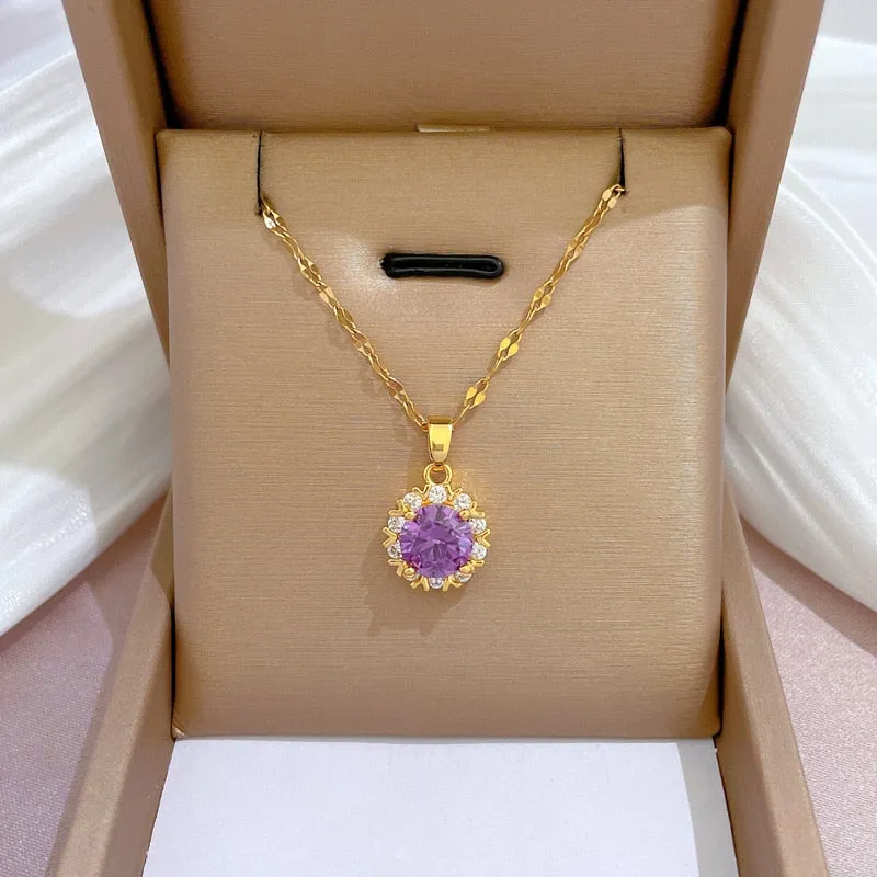 French Romantic Purple Dainty Women Cubic Zirconia Necklace