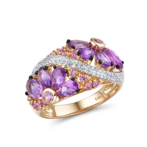 Genuine 14K Rose Gold Ring For Women Shimmering Diamond Fancy Pink Sapphire Amethyst Fantastic Wedding Band Fine Jewelry