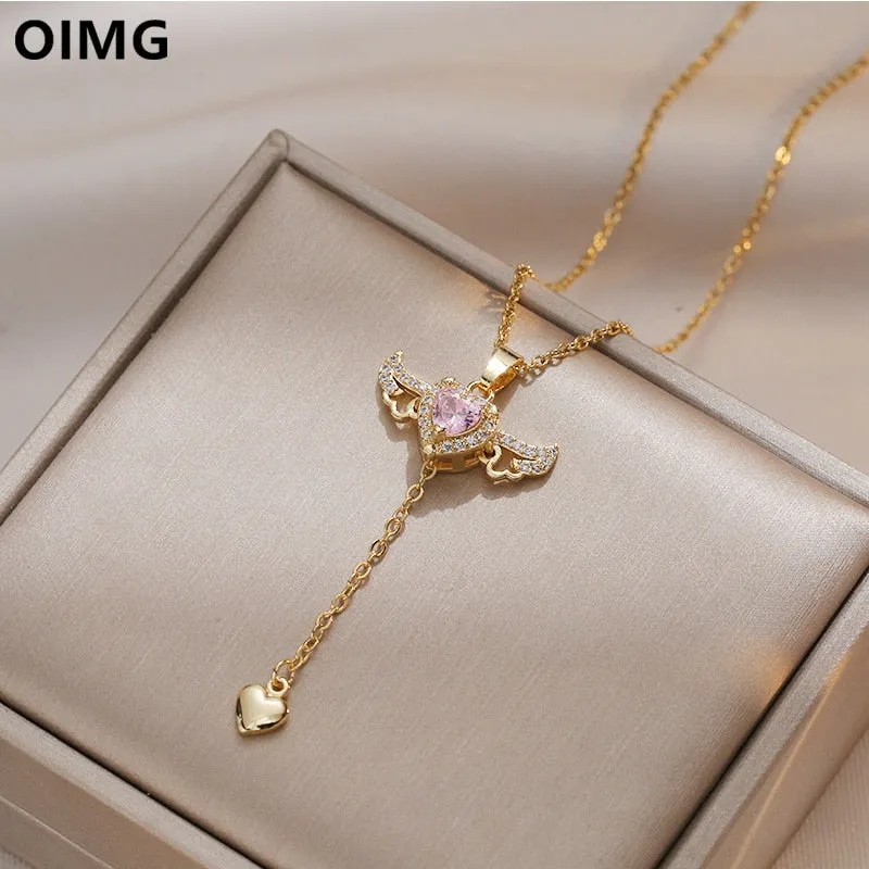 Gold Color Cupid Angels Wings Pendant Necklace For Women