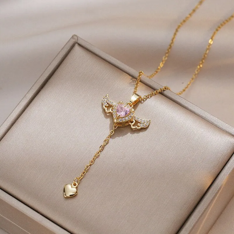 Gold Color Cupid Angels Wings Pendant Necklace For Women