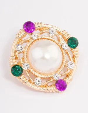 Gold Diamante & Centre Pearl Brooch