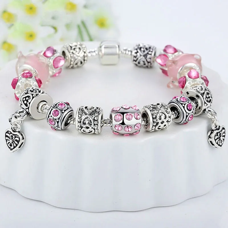 Hot Sell European Style 925 Silver Crystal Charm Bracelet for Women With Blue Murano Glass Beads DIY Jewelry