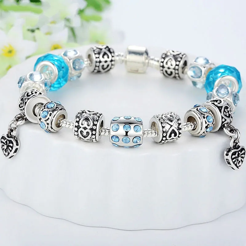 Hot Sell European Style 925 Silver Crystal Charm Bracelet for Women With Blue Murano Glass Beads DIY Jewelry
