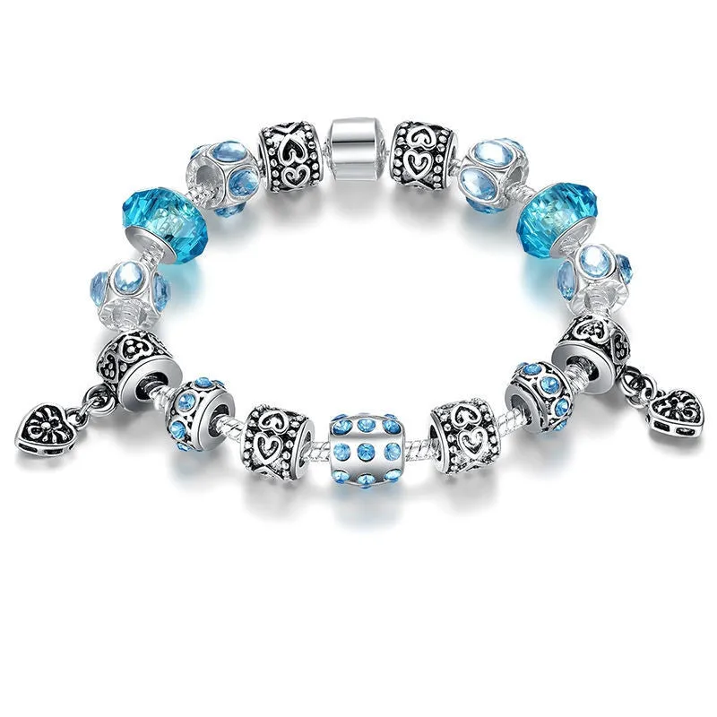 Hot Sell European Style 925 Silver Crystal Charm Bracelet for Women With Blue Murano Glass Beads DIY Jewelry