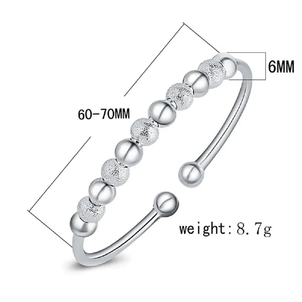Ladies 925 Sterling Silver Lucky Ball Beads Open Cuff Charms Bangle Bracelet
