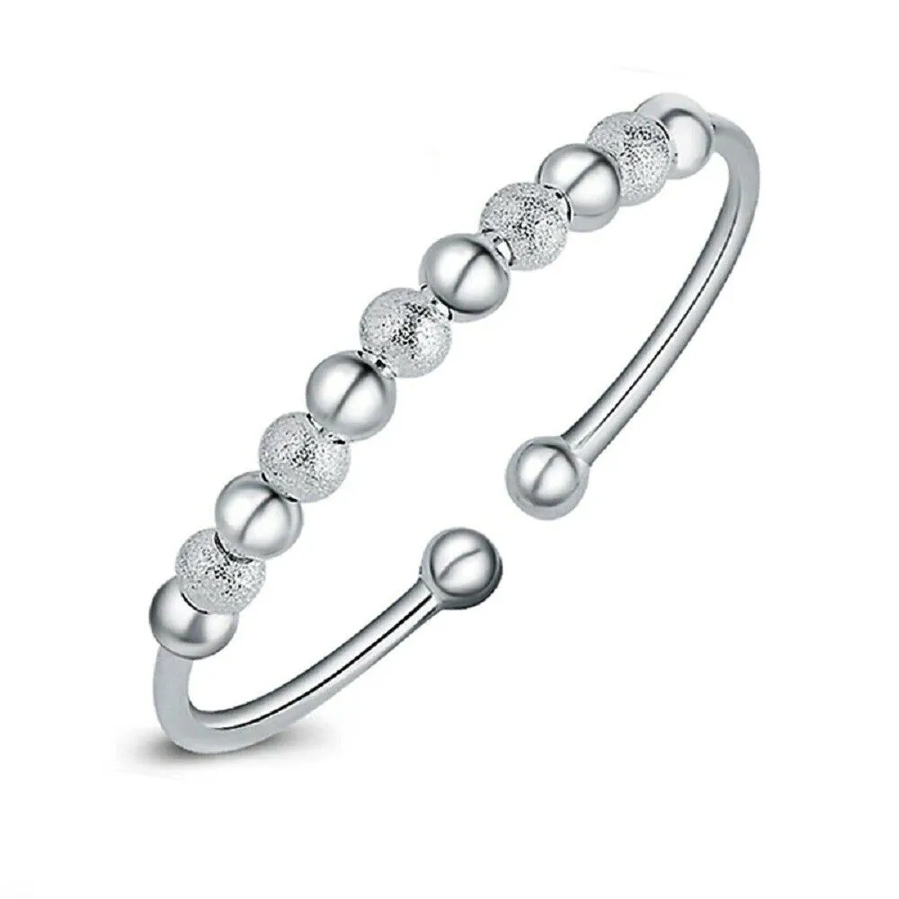 Ladies 925 Sterling Silver Lucky Ball Beads Open Cuff Charms Bangle Bracelet
