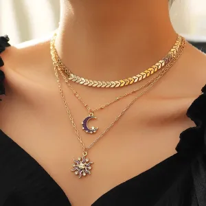 Ladies Triple Layer Gold Zircon Half Crystal Moon Sun Pendants Necklace Set