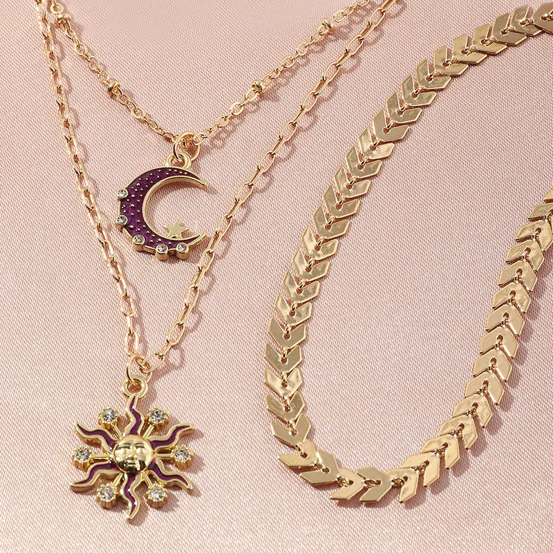 Ladies Triple Layer Gold Zircon Half Crystal Moon Sun Pendants Necklace Set