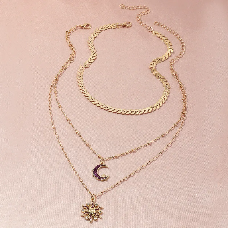 Ladies Triple Layer Gold Zircon Half Crystal Moon Sun Pendants Necklace Set