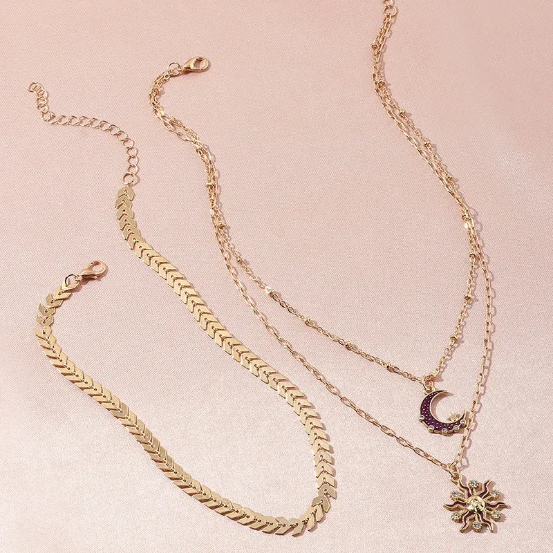 Ladies Triple Layer Gold Zircon Half Crystal Moon Sun Pendants Necklace Set