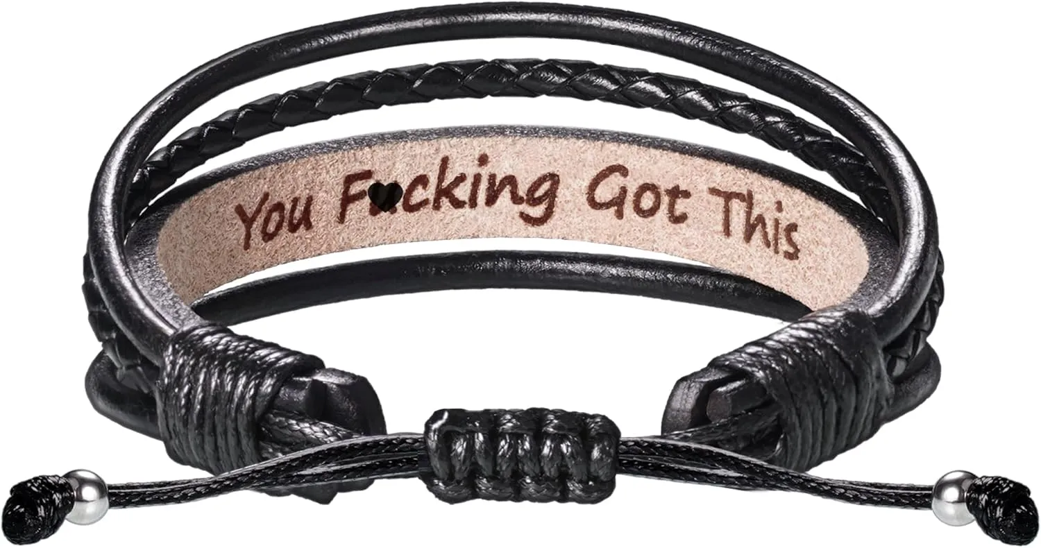 Leather Bracelets for Men Women Inspirational Gifts for Him Her Handmade Black Braided Motivational Birthday Gift for Boyfriend Husband Dad Anniversary Christmas Mens Stocking Stuffers