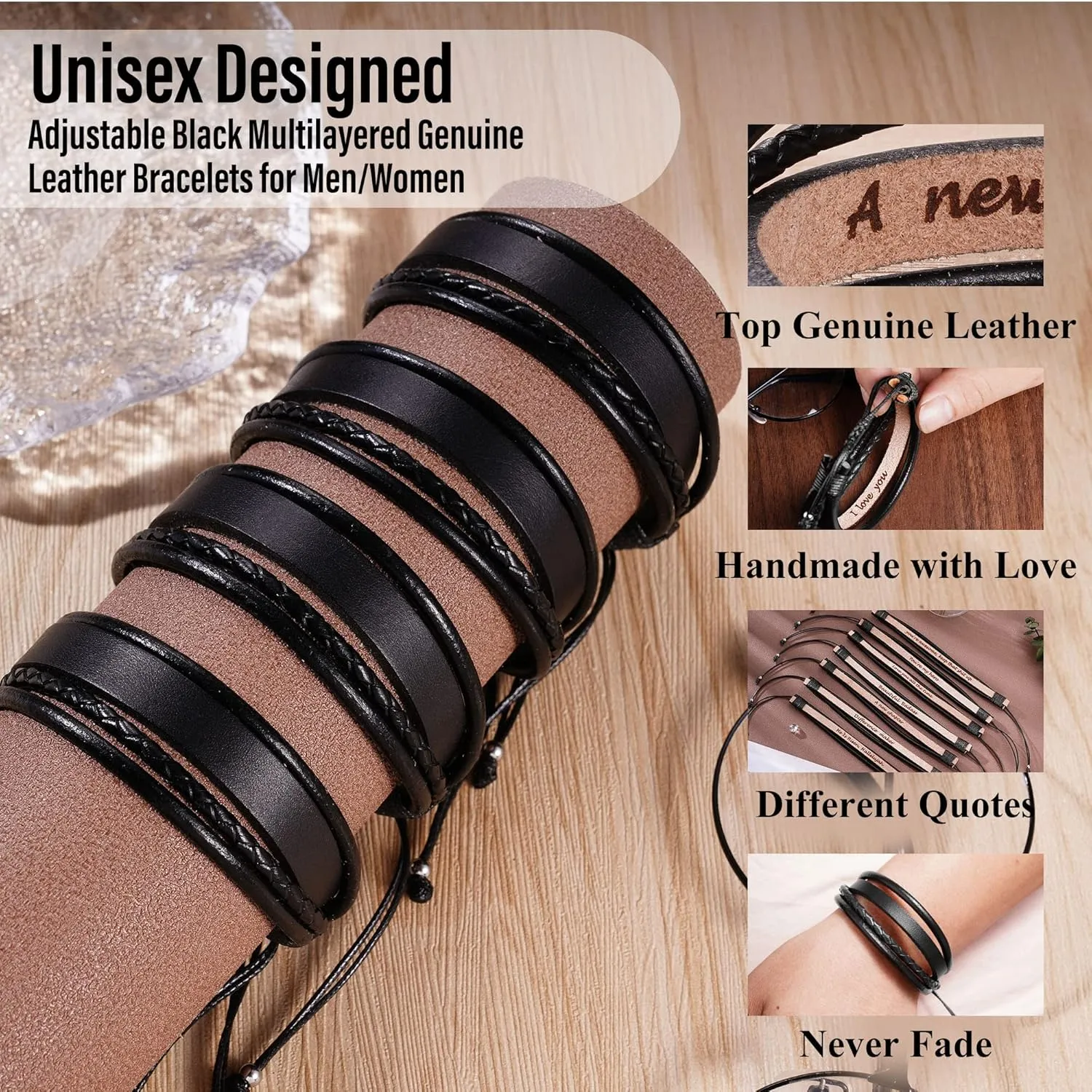 Leather Bracelets for Men Women Inspirational Gifts for Him Her Handmade Black Braided Motivational Birthday Gift for Boyfriend Husband Dad Anniversary Christmas Mens Stocking Stuffers
