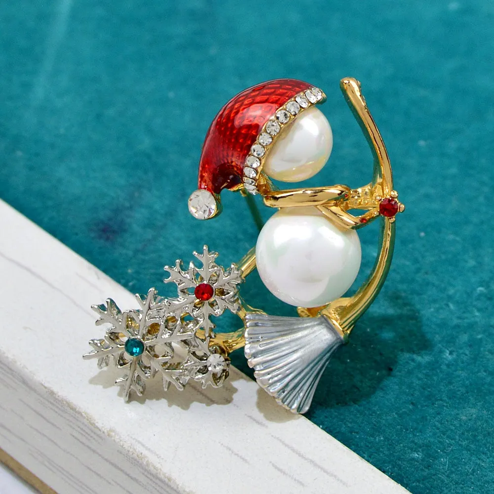 Lovely Enamel Snowman Pearls Brooches For Women And Men