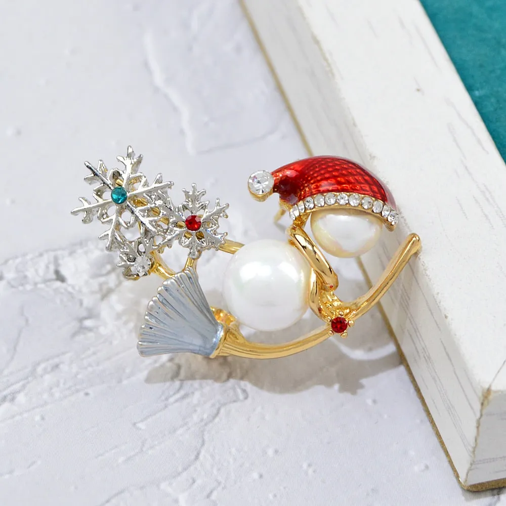 Lovely Enamel Snowman Pearls Brooches For Women And Men