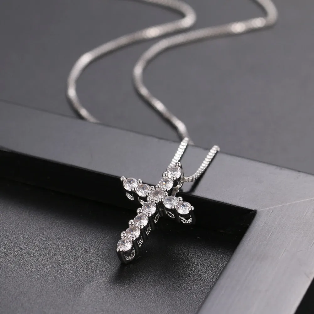 Lucky Female Cross zircon Pendants silver colour Chain Necklaces