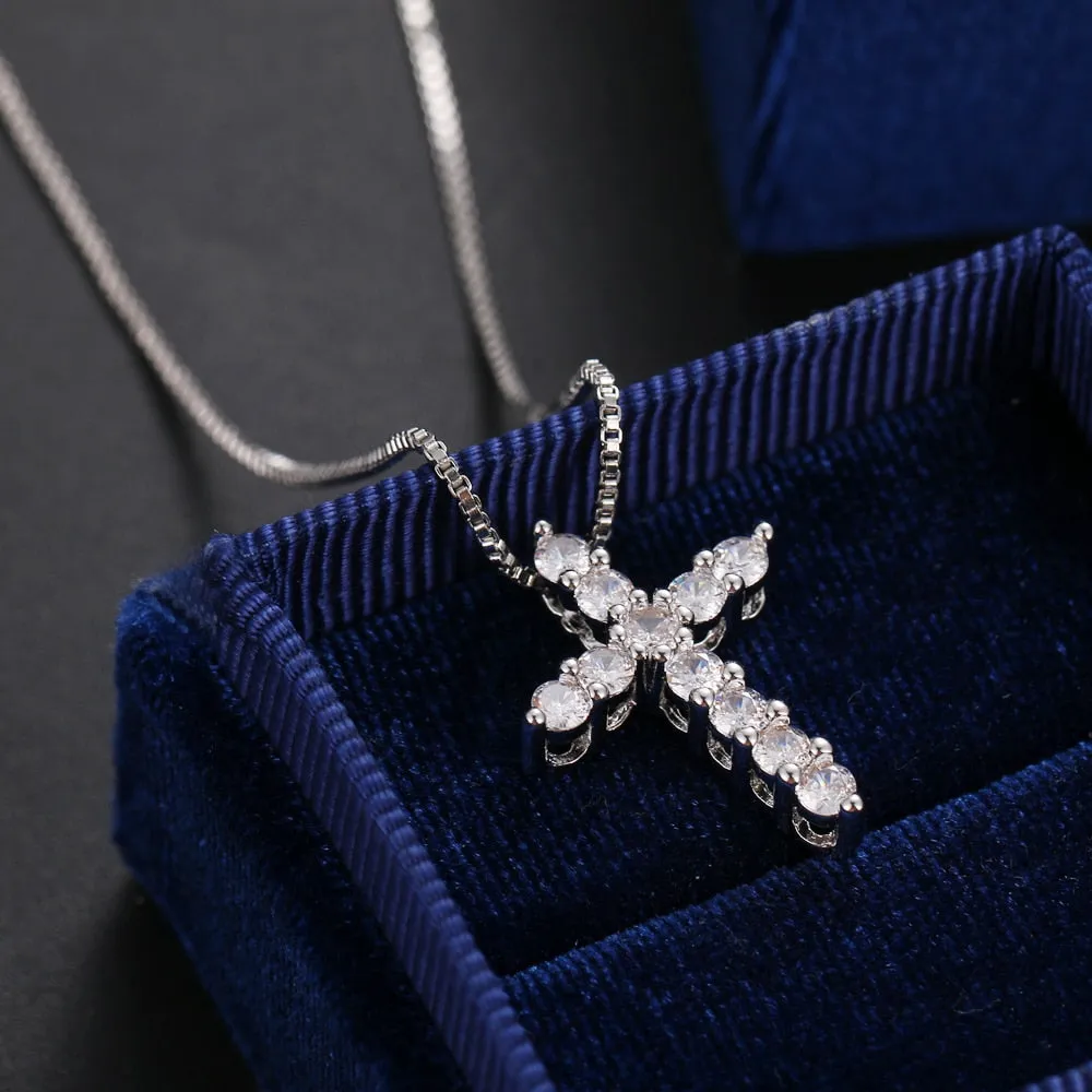 Lucky Female Cross zircon Pendants silver colour Chain Necklaces