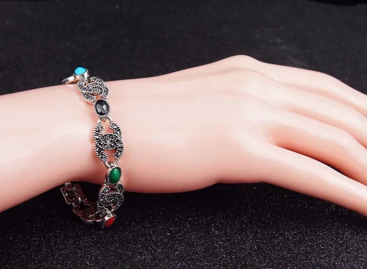 Luxury 925 Sterling Silver Vintage Jewelry Bracelets 2 C Black Crystal Turquoise Bracelets For Women Love Gift