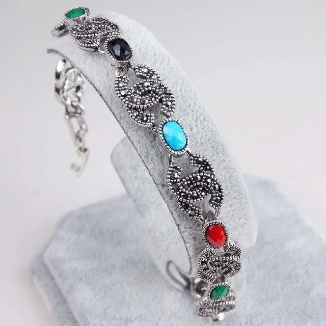 Luxury 925 Sterling Silver Vintage Jewelry Bracelets 2 C Black Crystal Turquoise Bracelets For Women Love Gift