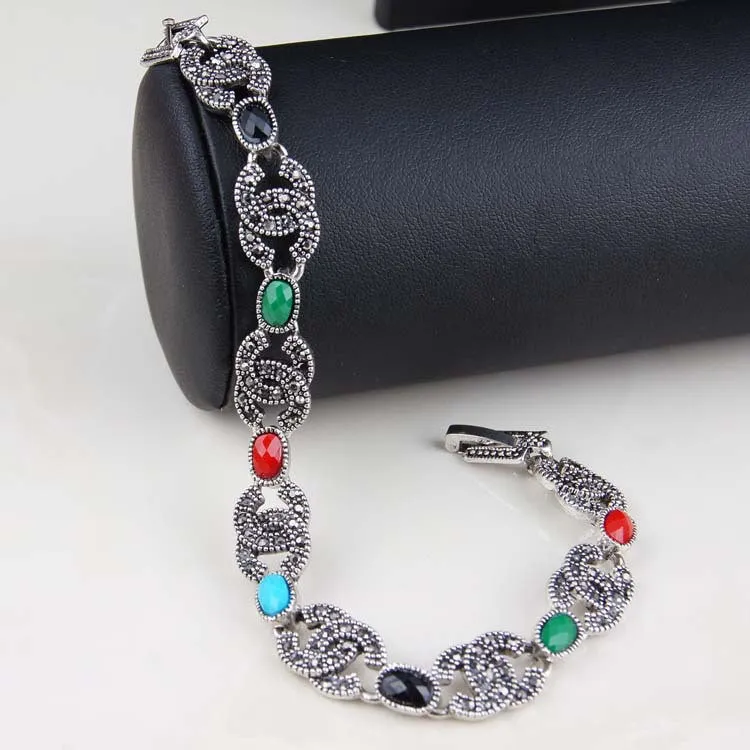 Luxury 925 Sterling Silver Vintage Jewelry Bracelets 2 C Black Crystal Turquoise Bracelets For Women Love Gift