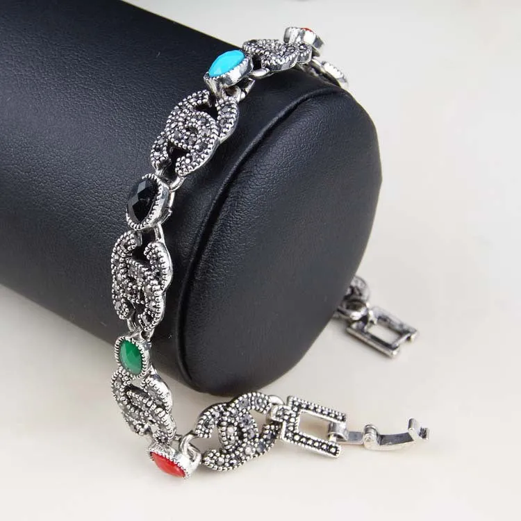 Luxury 925 Sterling Silver Vintage Jewelry Bracelets 2 C Black Crystal Turquoise Bracelets For Women Love Gift