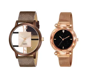 Luxury Mesh Magnet Buckle Starry sky Quartz Watches Couple Fashion Mysterious 6 To 12 Brown Open Leather & 4 Fiagr RG Watch New Fashion Analog Watch - For Couple