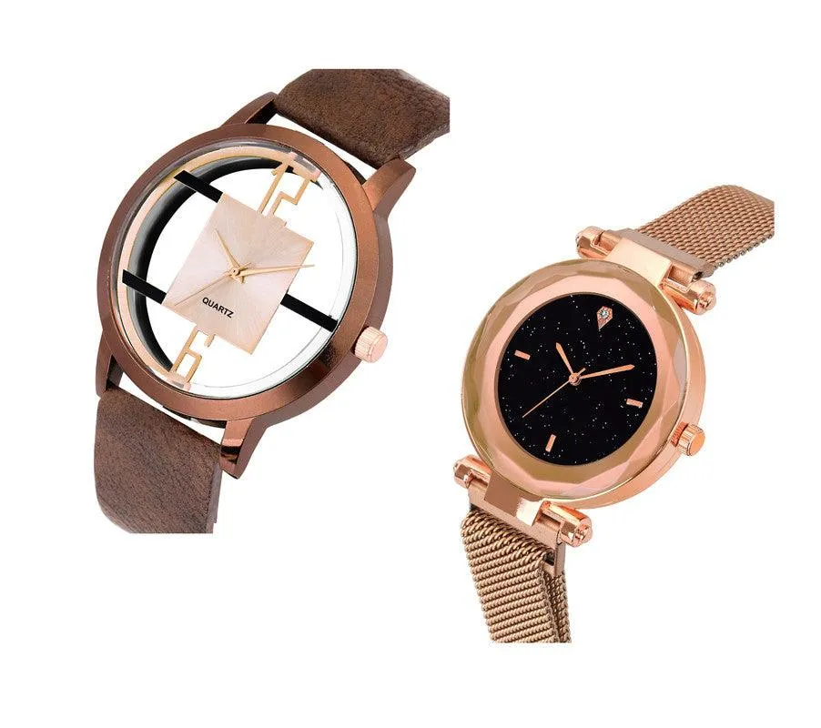 Luxury Mesh Magnet Buckle Starry sky Quartz Watches Couple Fashion Mysterious 6 To 12 Brown Open Leather & 4 Fiagr RG Watch New Fashion Analog Watch - For Couple