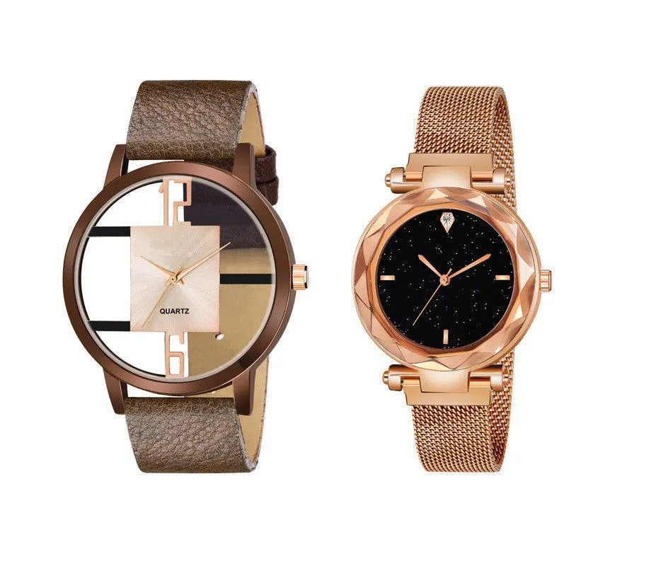 Luxury Mesh Magnet Buckle Starry sky Quartz Watches Couple Fashion Mysterious 6 To 12 Brown Open Leather & 4 Fiagr RG Watch New Fashion Analog Watch - For Couple
