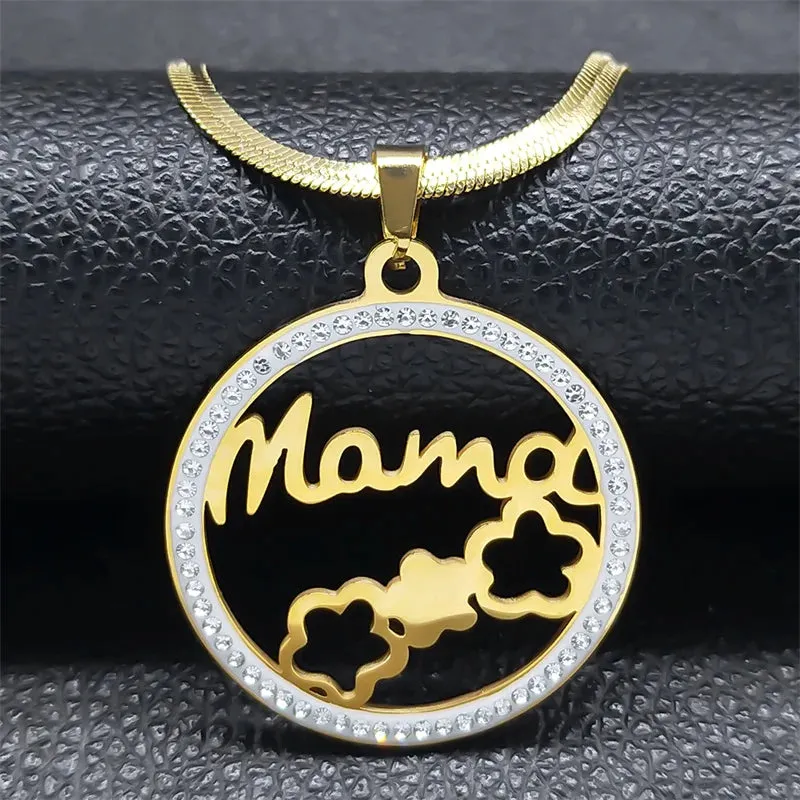 MAMA Flower Necklace for Women Stainless Steel Crystal Gold Color Family Love Chain Necklace