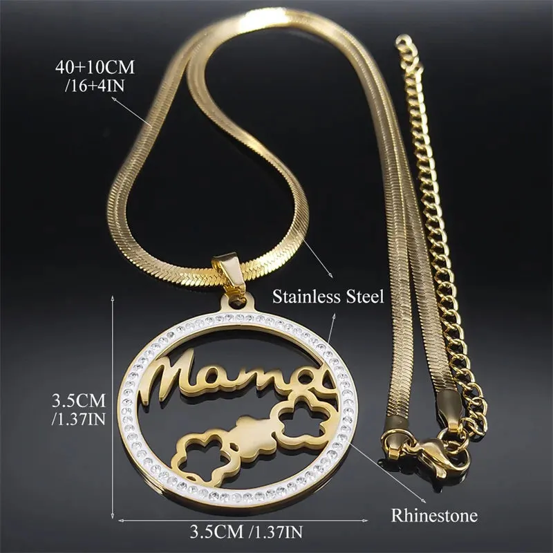 MAMA Flower Necklace for Women Stainless Steel Crystal Gold Color Family Love Chain Necklace