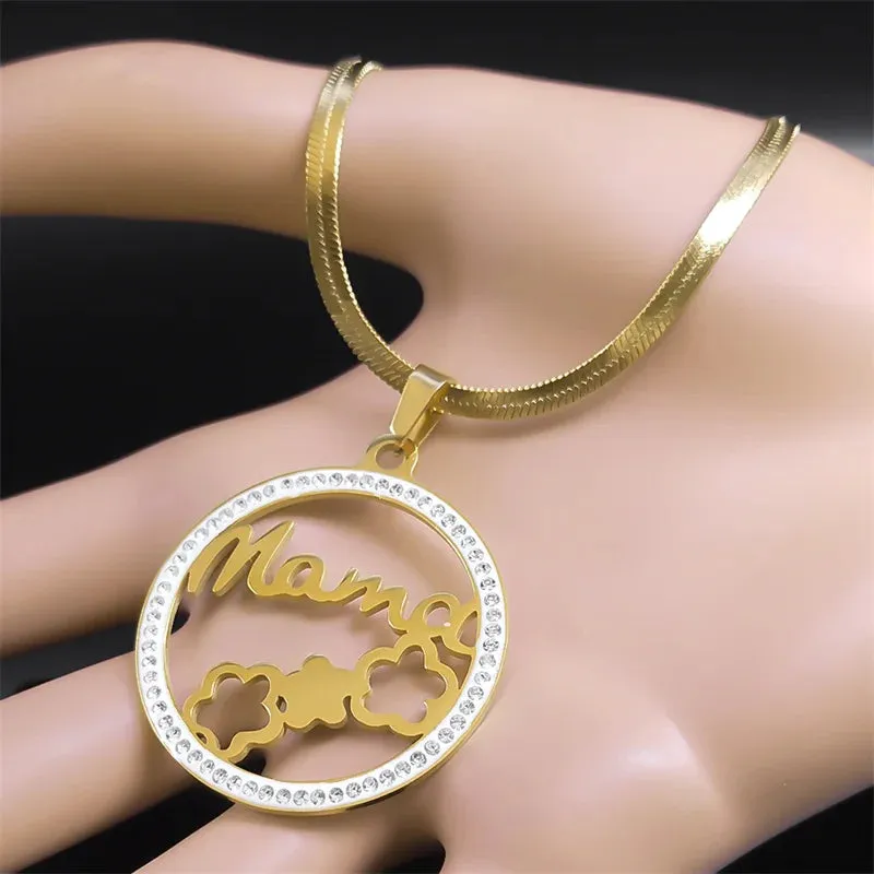 MAMA Flower Necklace for Women Stainless Steel Crystal Gold Color Family Love Chain Necklace