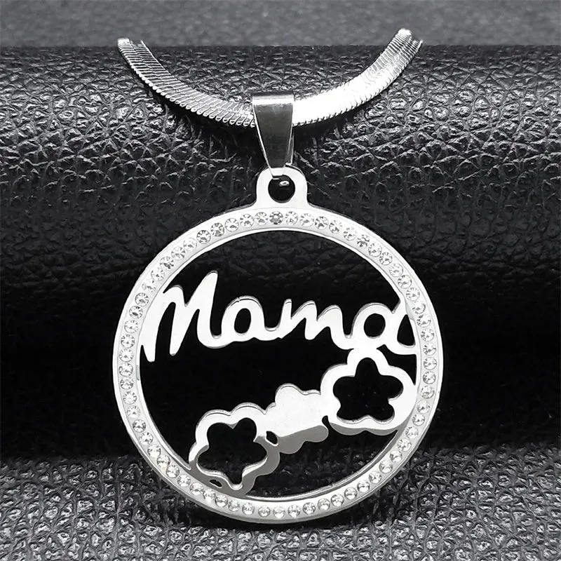 MAMA Flower Necklace for Women Stainless Steel Crystal Gold Color Family Love Chain Necklace