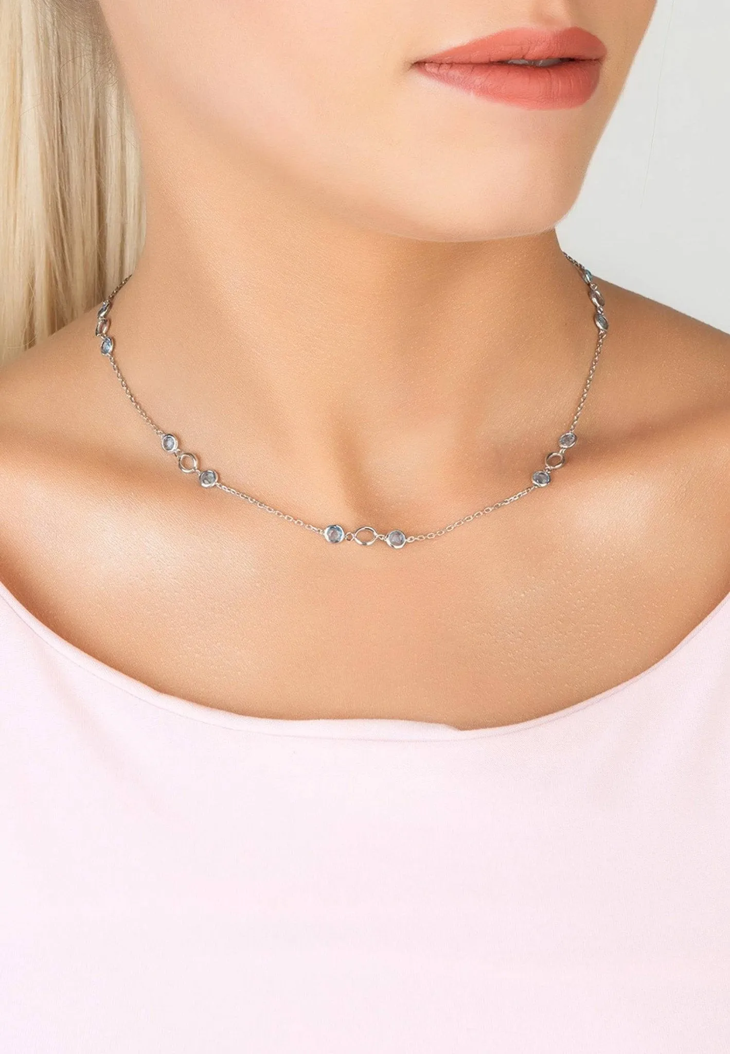 Milan Link Gemstone Necklace Silver Blue Topaz