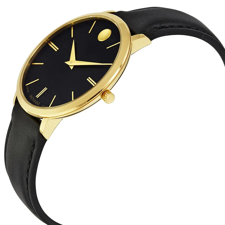 Movado Ultra Slim Black Sunray Dial Black Leather Ladies Watch 0607091