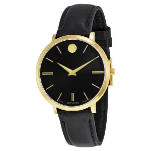Movado Ultra Slim Black Sunray Dial Black Leather Ladies Watch 0607091