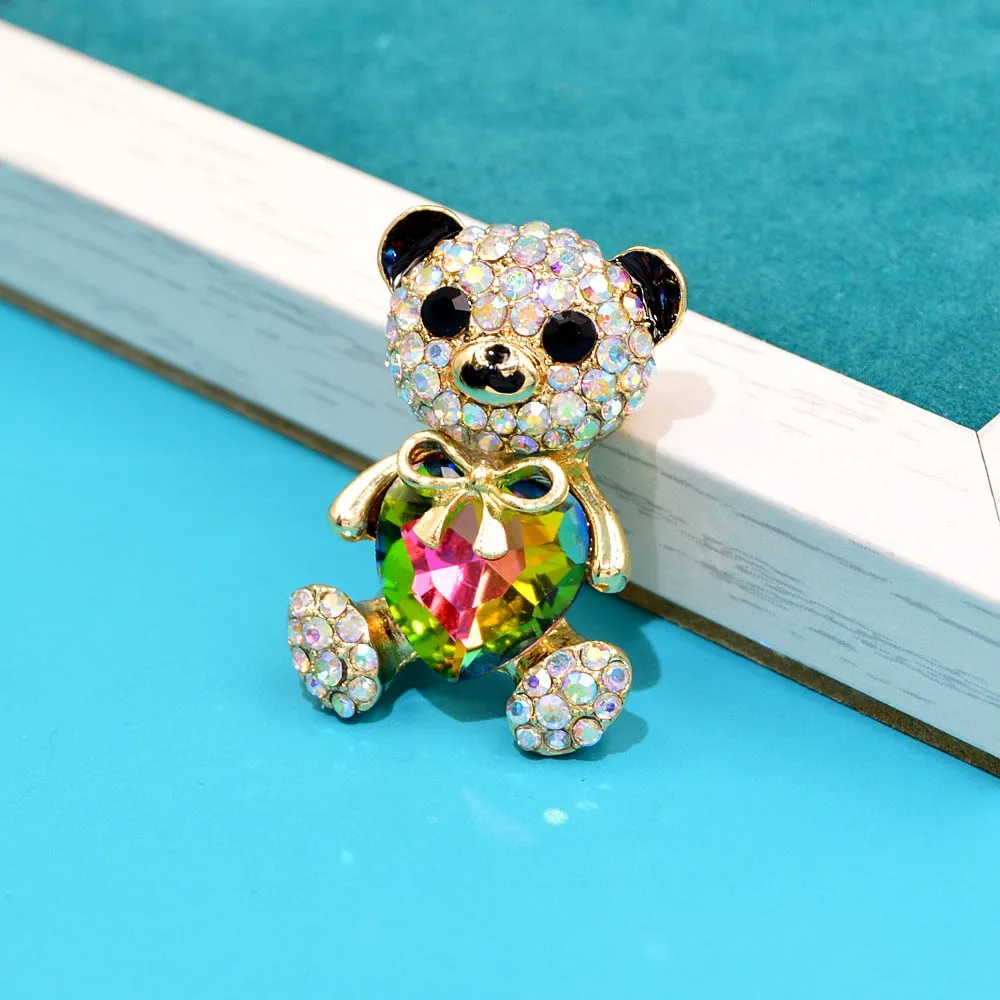New Arrival AB Rhinestine Heart Bear Brooches For Women