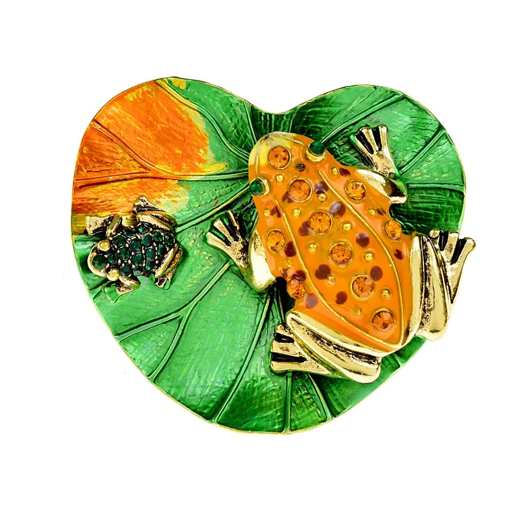 New Arrival Enamel Rhinestone Frog Lotus Leaf Brooches For Women