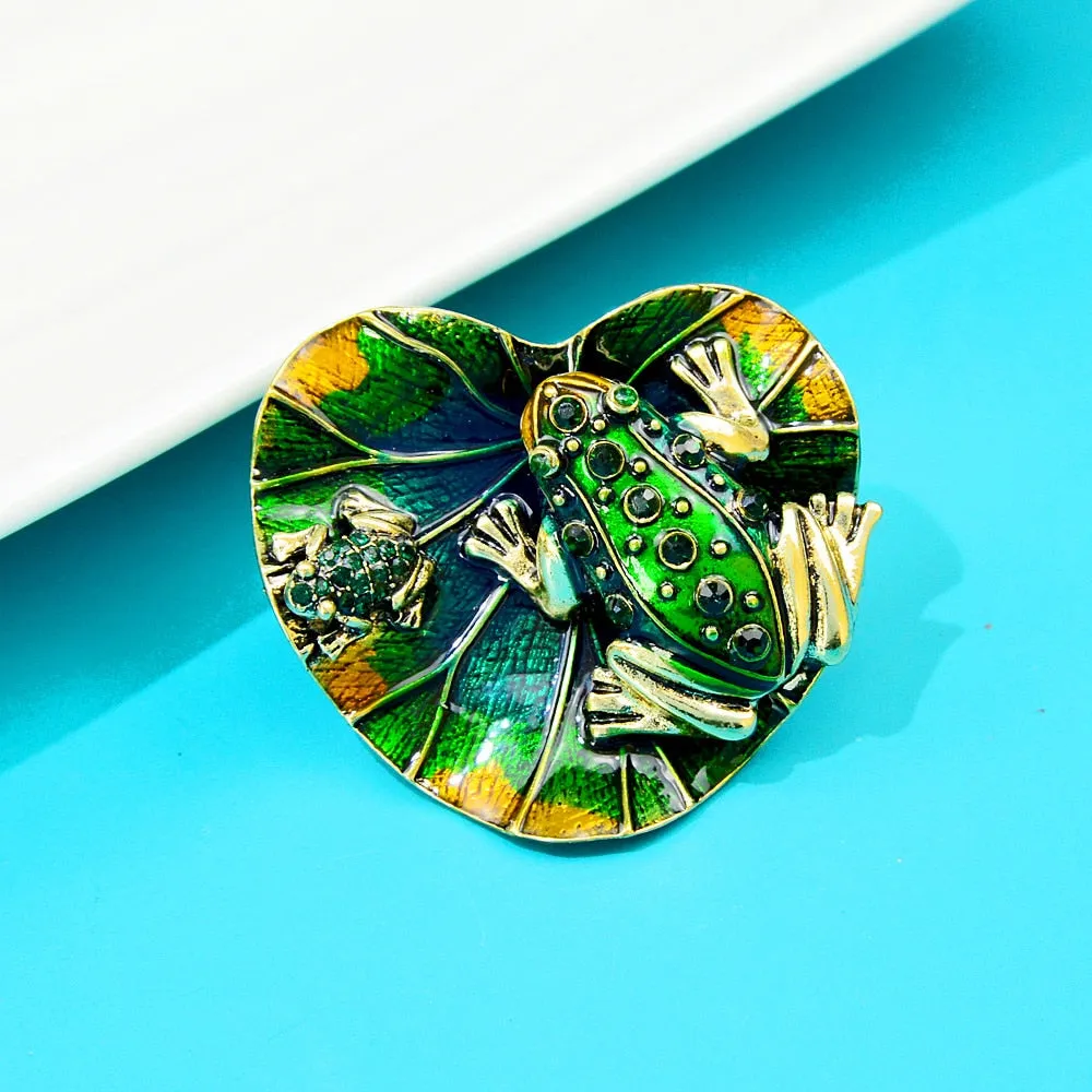 New Arrival Enamel Rhinestone Frog Lotus Leaf Brooches For Women