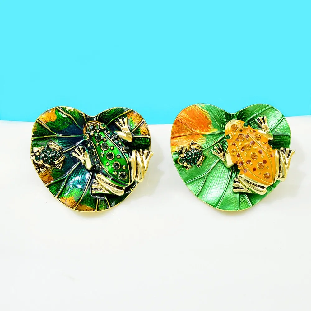 New Arrival Enamel Rhinestone Frog Lotus Leaf Brooches For Women