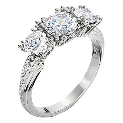 Ornate Vintage Style Three Stone Engagement Ring