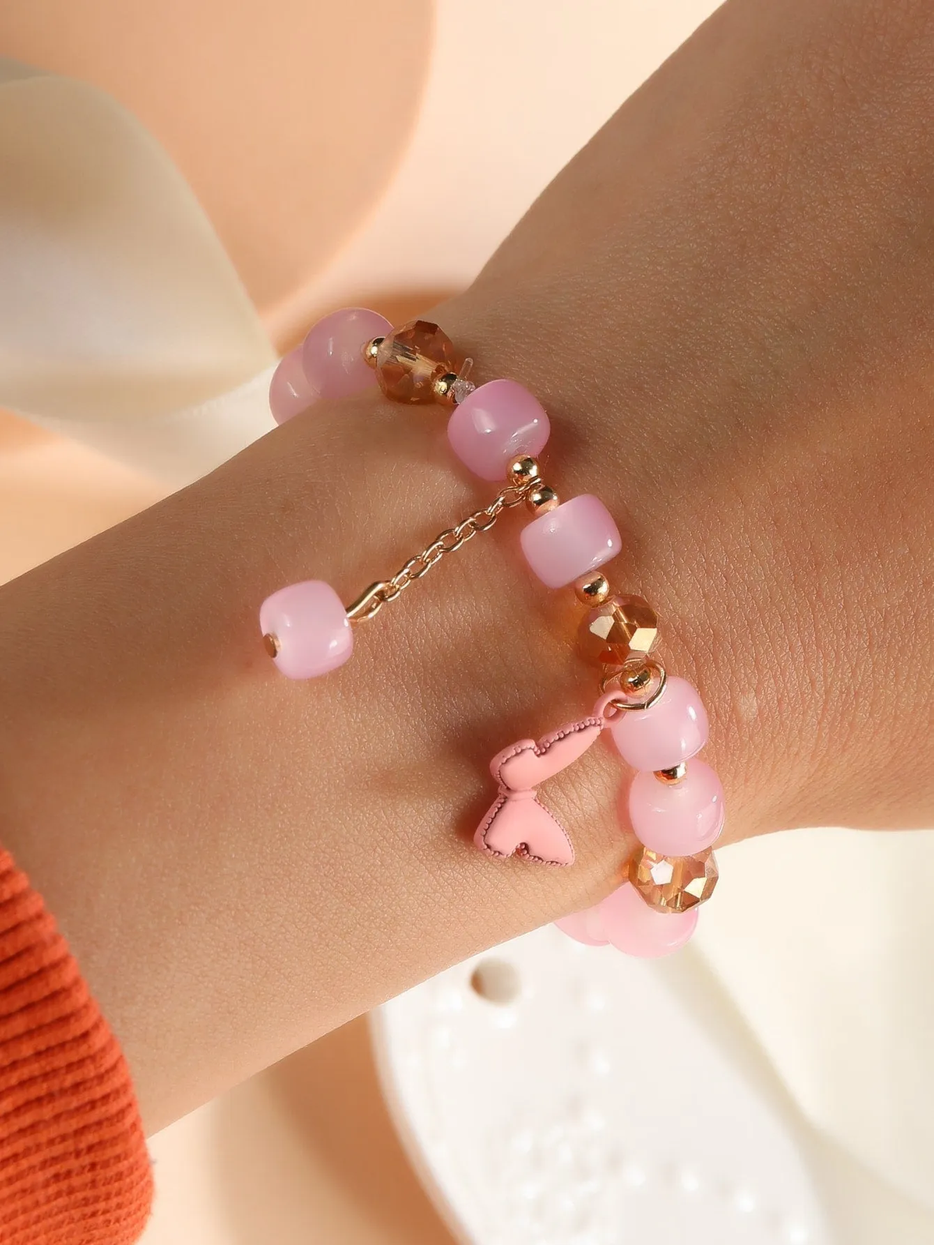 Pink Butterfly Charm Beaded Bracelet Stackable Stretch Bracelets Pink Beads