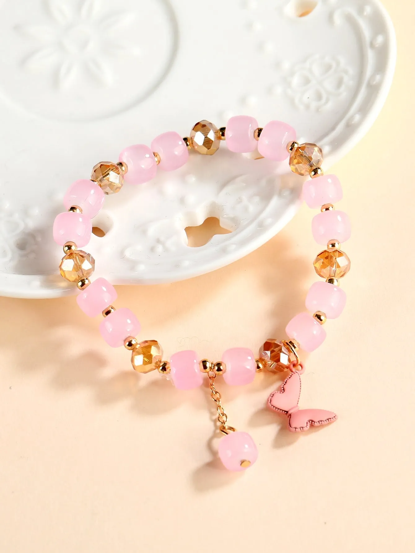 Pink Butterfly Charm Beaded Bracelet Stackable Stretch Bracelets Pink Beads