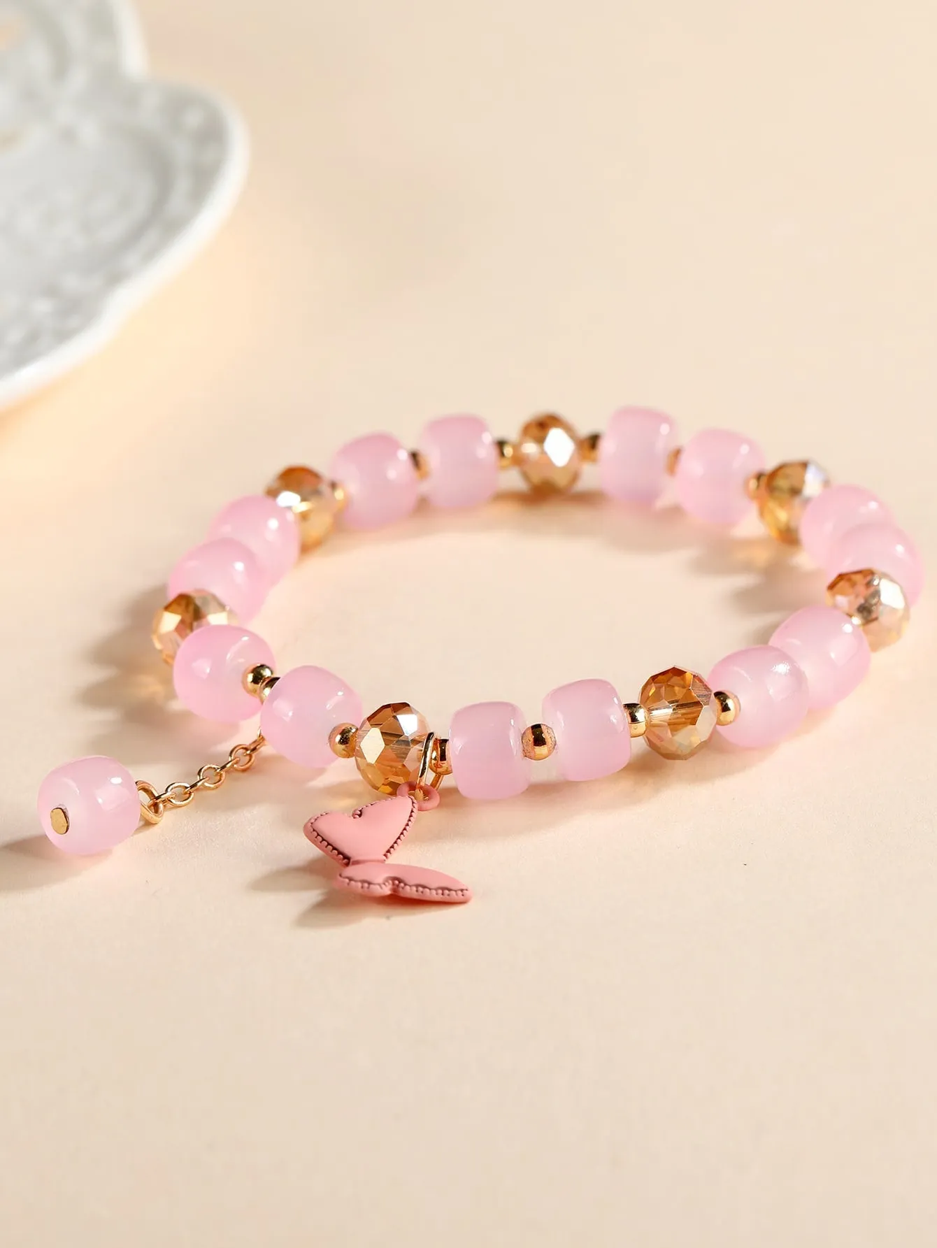Pink Butterfly Charm Beaded Bracelet Stackable Stretch Bracelets Pink Beads